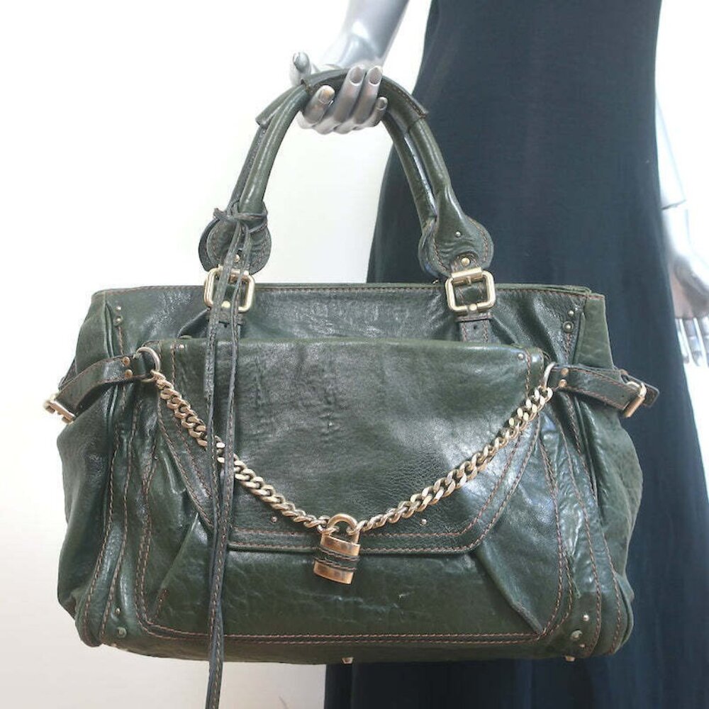 Chloe paddington Dark Green Leather Shoulder Bag with Gold Chain and Lock
